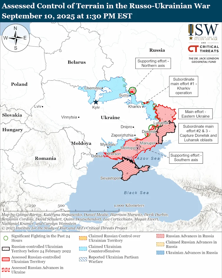 The state of the conflict in Ukraine, 10 September 2025. Map courtesy of the Institute for the Study of War