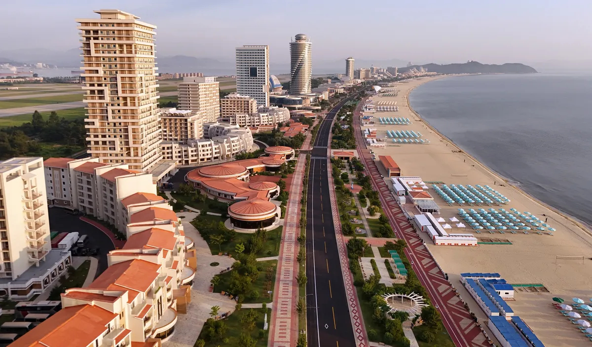 Newly built hotels line the beach at the Wonsan Kalma Coastal Tourist Zone in North Korea, 24 June 2025. Photo: EPA/KCNA