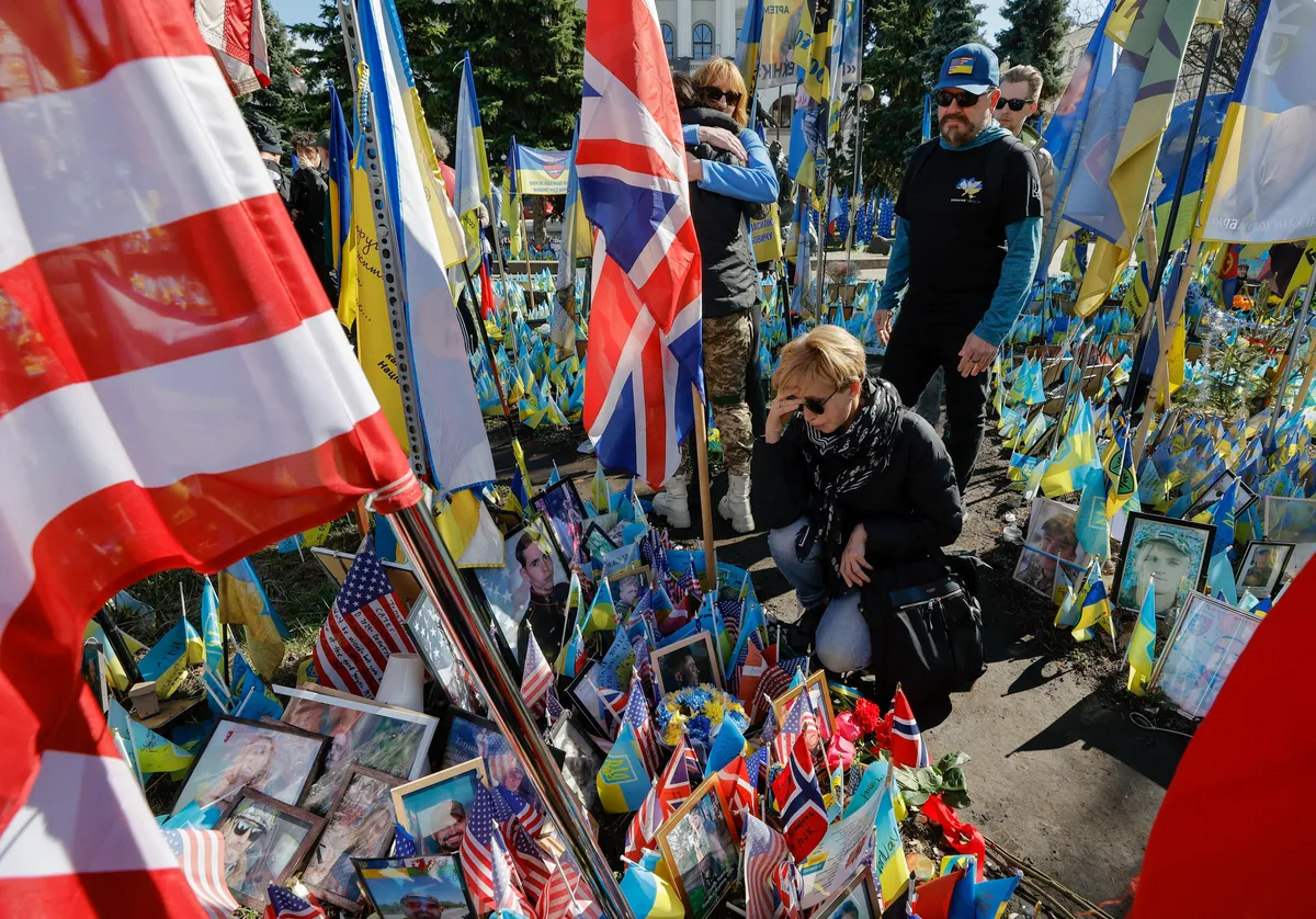 A commemoration ceremony for US citizens killed fighting for Ukraine on Kyiv’s Independence Square, 14 March 2025. Photo: EPA / SERGEY DOLZHENKO
