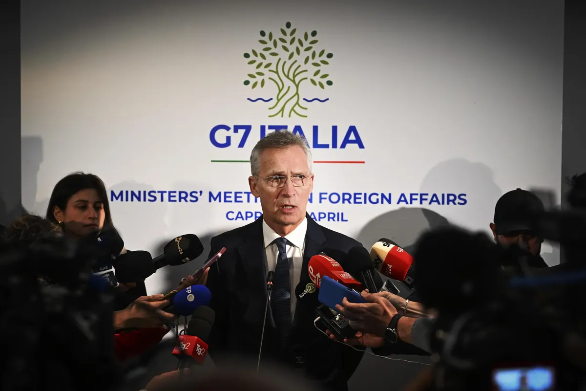 NATO Secretary General Jens Stoltenberg at the G7 Foreign Ministers meeting in Capri, Italy, 8 April 2024. Photo: EPA-EFE / CIRO FUSCO