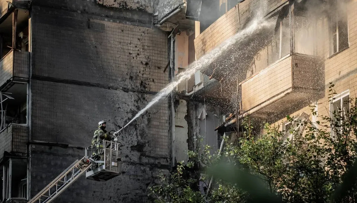 A firefighter tackles a blaze in a residential building in Kyiv, 7 September 2025. Photo; State Emergency Service of Ukraine