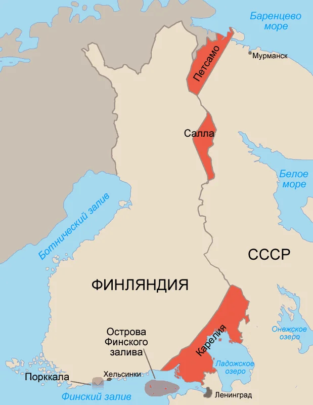 Красным цветом отмечены территории, которые СССР приобрёл после Советско-финской войны 1939—1940 гг. и Советско-финской войны 1941—1944 гг. Фото: Wikimedia Commons , CC BY-SA 3.0