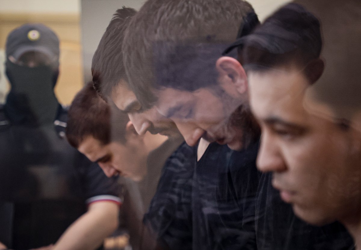 Обвиняемые по делу о теракте в  Crocus City Hall  на заседании Басманного суда, Москва, 19 августа 2024 года. Фото: Юрий Кочетков / EPA